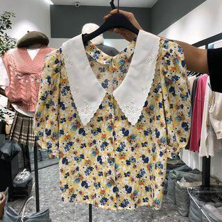 Contrast Collar Floral Short-sleeve Blouse