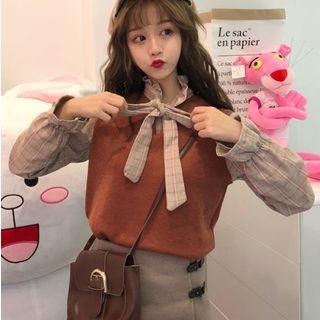 Mock Two-piece Long-sleeve Plaid Blouse