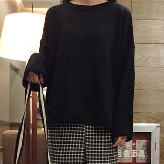 Set: Wide-sleeve Sweater + Plaid Slit Midi Skirt