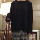 Set: Wide-sleeve Sweater + Plaid Slit Midi Skirt