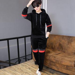 Set: Contrast-trim Hoodie + Jogger Pants + Zip Padded Vest