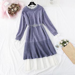 Set: Round Neck Knit Dress + Mesh Maxi Dress