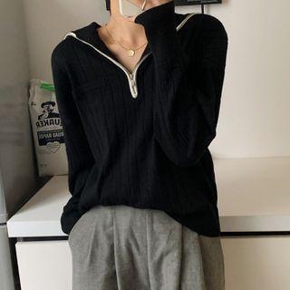 Long-sleeve Half-zip Knit Top Black - One Size