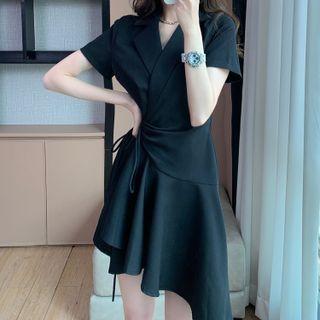 Short-sleeve Asymmetrical Wrap Mini Collared Dress