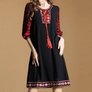 Embroidered 3/4-sleeve Chiffon Dress
