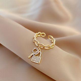 Lock & Key Rhinestone Alloy Open Ring J156 - Gold - One Size