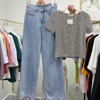 Striped Short-sleeve Button T-shirt / High-waist Wide-leg Jeans