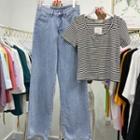 Striped Short-sleeve Button T-shirt / High-waist Wide-leg Jeans