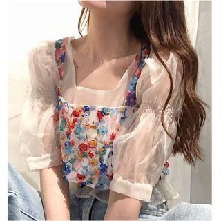 Square-neck Elbow-sleeve Blouse / Flower Detail Cropped Camisole Top