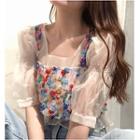 Square-neck Elbow-sleeve Blouse / Flower Detail Cropped Camisole Top