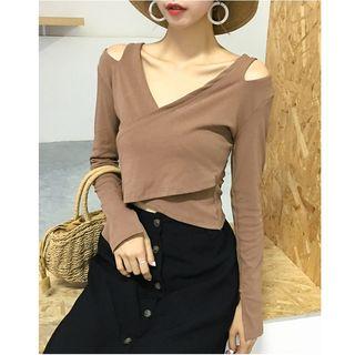 Open Shoulder V-neck Long-sleeve T-shirt