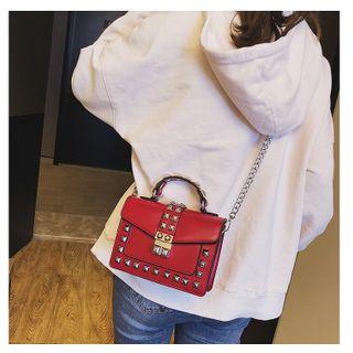 Paneled Studded Top Handle Crossbody Bag