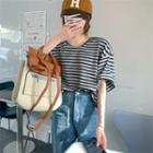 Short-sleeve Striped Loose-fit T-shirt Gray - One Size