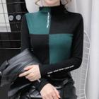 Long-sleeve Color Block Lettering Print Mock-neck T-shirt