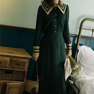 Set: Long-sleeve Shirt + Midi Pleated Skirt