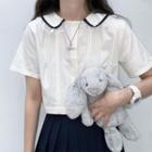 Short-sleeve Frill Trim Collar Buttoned Blouse White - One Size