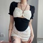 Short-sleeve Halter Neck Two-tone Crop Top