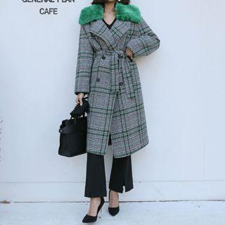 Detachable Fur-collar Plaid Coat With Sash