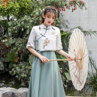 Set: Hanfu Embroidered Elbow-sleeve Top + Midi Skirt