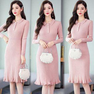 Polo Neck Ruffled Rib Knit Dress