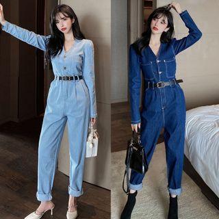 Long-sleeve V-neck Straight Leg Denim Jumpsuit