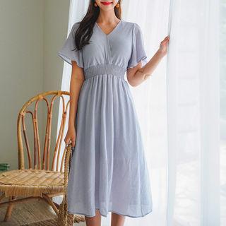 V-neck Smocked-trim A-line Dress
