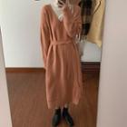 Tie-waist V-neck Midi Knit Dress Orange Pink - One Size