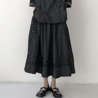High-waist Embroidered Denim Skirt Skirt - One Size