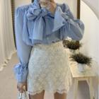 Tie-neck Blouse / Lace Mini Skirt