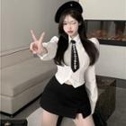 Puff-sleeve Shirt / Mini Pencil Skirt / Tie / Set