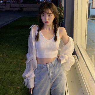 Long-sleeve Lace Up Plain Light Shirt/ V-neck Plain Knit Cropped Camisole