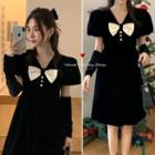 Set: Short-sleeve Bow Accent A-line Dress + Arm Sleeves With Arm Sleeves - Black - One Size