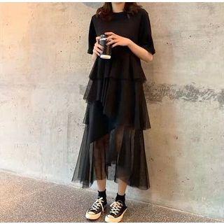 Elbow-sleeve Asymmetric Mesh Midi Tiered Dress
