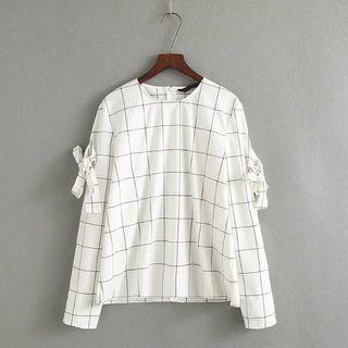 Long-sleeve Bow-accent Check Top