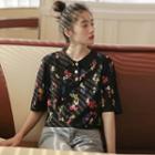 Floral Short-sleeve Cropped Knit Polo Shirt As Shown In Figure - One Size