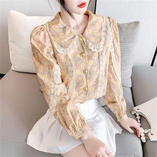 Collared Lace Trim Floral Print Blouse