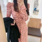 Long-sleeve Flower Print Drawstring Midi A-line Dress