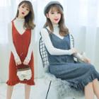 Set: Lace Trim Long-sleeve Knit Top + V-neck Sleeveless Knit Dress