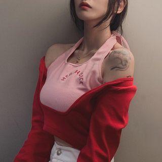 Mock Two-piece Long-sleeve Cold-shoulder Lettering Crop Top