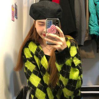 Argyle Cardigan Avocado Green & Black - One Size