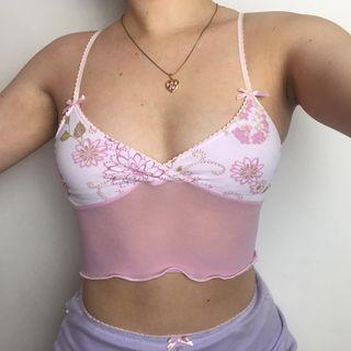 Floral Printed Mesh Panel Cropped Camisole Top