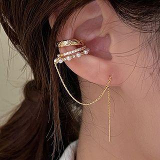 Chained Layered Faux Pearl Alloy Cuff Earring 1 Pc - Chained Layered Faux Pearl Alloy Cuff Earring - Gold - One Size