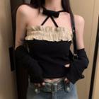 Set: Bow Accent Ruffle Cropped Halter Top + Arm Sleeves Set Of 2 - Top & Arm Sleeves - Black - One Size