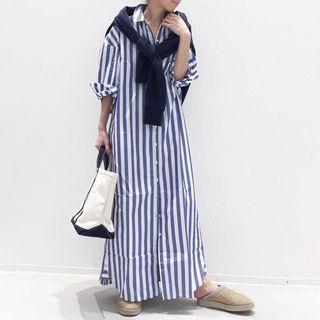Long-sleeve Striped Maxi Shirtdress Stripe - Blue - One Size