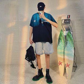 Elbow-sleeve Print Gradient T-shirt