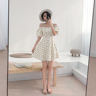 Heart Patterned Off-shoulder Puff-sleeve A-line Dress