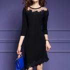 Crochet Trim 3/4 Sleeve Asymmetric Hem Dress