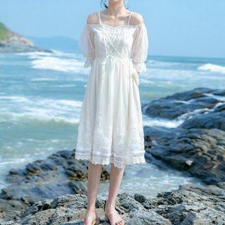 Cold-shoulder Short-sleeve A-line Lace Dress