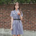 Short-sleeve Contrast-trim A-line Dress With Belt