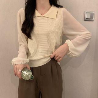 Lapel Knit Panel Chiffon Long-sleeve Top